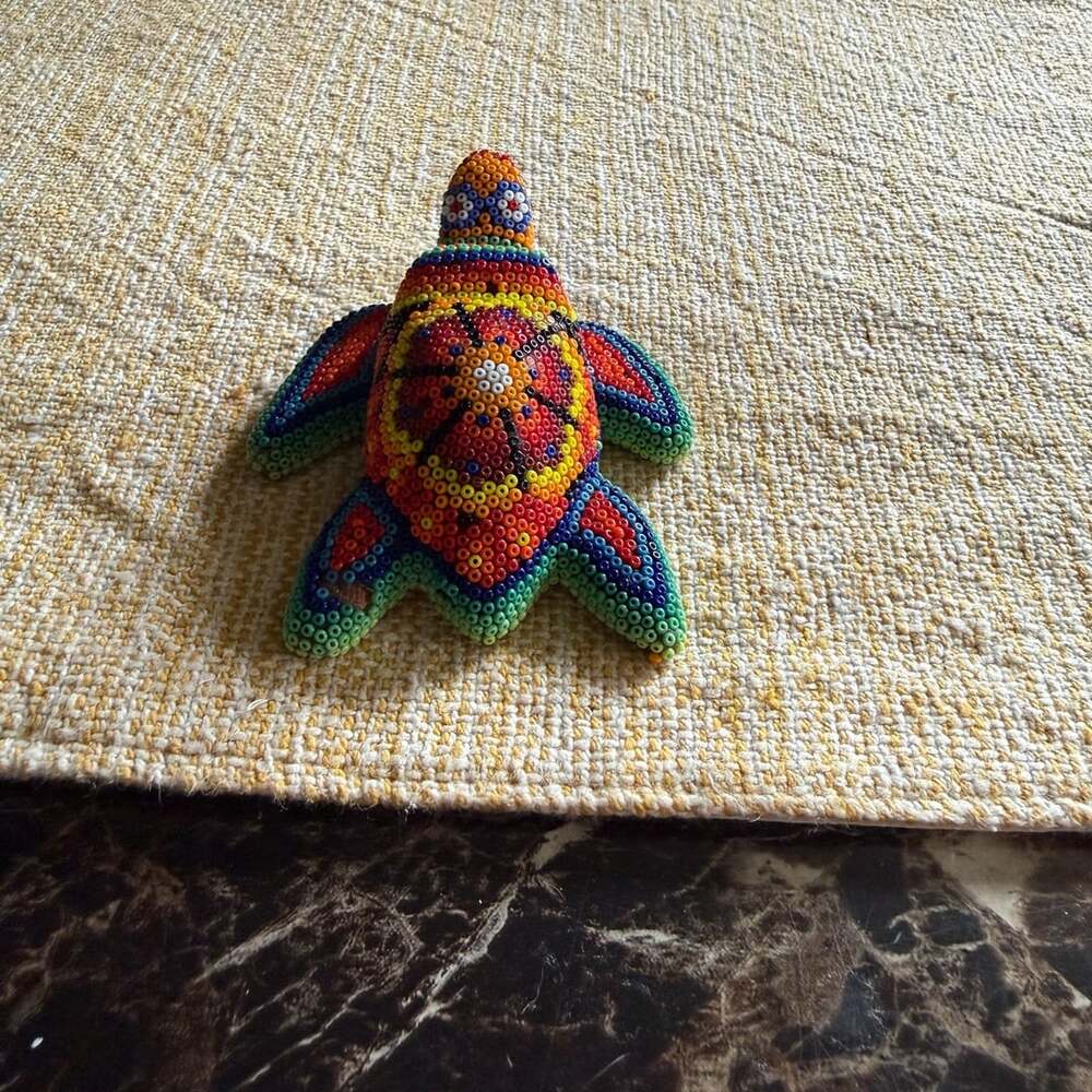 Mexican Huichol Beaded Sea Turtle Figurine on Wood Folk Art
